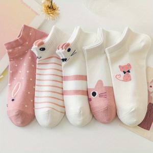 TEMU 여성을 위한 귀여운 만화 고양이 양말 5켤레 - 핑크와 화이트, 짧고 중간 발목, 가벼움, 기계 세탁 가능, 봄/여름 신발, 캐주얼 착용|재미있는 고양이 디자인|스트레치 가능한 소재