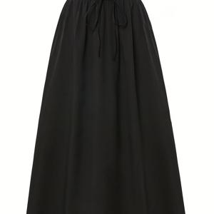 TEMU 스타일리시 블랙 미디 스커트 탄력 있는 허리밴드 포함 - 캐주얼 A라인 디자인, 폴리에스터 95% 및 엘라스테인 5% 혼방, 세탁기 사용 가능, 사계절용 여성용 스커트, 올시즌 스커트 | 주름진 허리 스커트 | 매끄러운 질감의 스커트