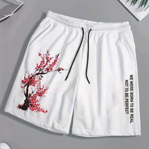 TEMU 남성용 체리 블로섬 캐주얼 운동화 반바지 - 남색, 빨간 나무 가지 디자인, 