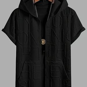 TEMU 남성용 플러스 사이즈 반팔 후드 티셔츠, 캥거루 포켓 포함 - 통기성, 편안함, 흰색 캐주얼 레터 프린트 셔츠, 야외 모험에 적합, 가족에게 완벽한 선물, 플러스 사이즈