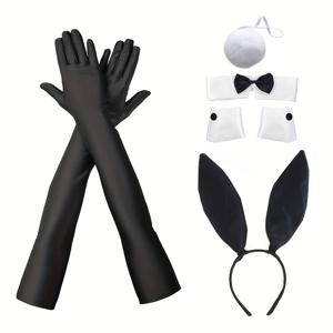 TEMU D EXCEED 여성용 5pcs 토끼 코스튬 세트 - 토끼 귀 헤드밴드, 칼라, 리본 넥타이, 팔찌 및 꼬리 양말 장갑 - 폴리에스터, 애니메이션 테마 파티 의상, 부활절 및 할로윈, 토끼 액세서리