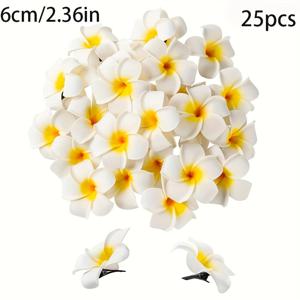 TEMU 25개 6/8/11cm 화이트 폼 하와이안 스타일 인공 플루메리아 헤어핀, 노란 중심 - 열대 결혼식, 해변 & 수영장 부유 꽃 장식, 전기 필요 없음, 내구성 있는 폴리에스터 브라이덜용, 하와이안 파티 및 리조트 이벤트