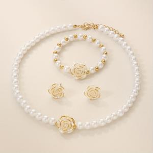 TEMU 4pcs 우아한 로드오덴트 모양의 보석 세트, 인조 진주와 금색 액센트가 있는 목걸이, 팔찌, 귀걸이 - 여성용, 결혼식, 휴일, 특별한 기념일에 적합, 결혼 보석 | 꽃 보석 | 금색 보석