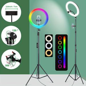 TEMU UEGOGO 12인치 LED 링 라이트, 160cm 분리형 삼각대 및 전화 클램프 포함, RGB 셀카 조명 보조 조명, 다양한 색상 모드, 120° 조정 가능, 360° 회전, USB 전원으로 사진 촬영, 라이브 스트리밍, 개학 선물, 콘텐츠 제작자 필수 아이템, 현대적인 조명, 다재다능한 조명, 창의적인 콘텐츠 제작자를 위한 제품