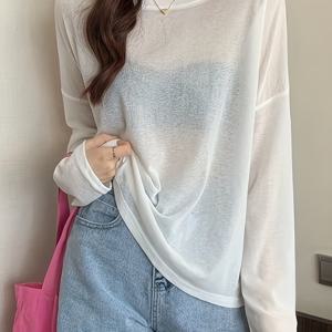 TEMU 여성용 롱 슬리브 티셔츠 - 세미 시어 루즈핏 탑, 한국-일본 스타일 일상 & 포멀 블라우스, 기계 세탁 가능 우아한 셔츠, 캐주얼 웨어, 라운드 넥라인, 가벼운 소재, 섬세한 질감