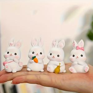 TEMU 4개 세트 귀여운 레진 토끼 피규어 & 당근 꽃 액세서리 - 선물용 동물 테마 실내/야외 장식, 책상·정원용 - 전기 불필요