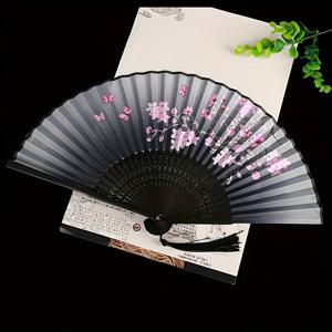 TEMU 우아한 블랙 꽃 접이식 팬 - 빈티지 체리 꽃 핑크 및 보라색 꽃 무늬 새로운 중국 스타일 휴대용 팬, 가벼우면서 휴대하기 편한 팬, 한푸 댄스, 크리스마스, 할로윈 졸업 선물, 가정 장식