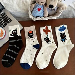 TEMU 4쌍 여성용 귀여운 만화 고양이 프린트 미드-캐프 양말 - 부드럽고 따뜻한 겨울용 양말, 장난기 많은 고양이 & 꽃무늬 디자인, 손세탁 전용, 편안한 캐주얼 & 정장용, 트렌디한 컬리지 스타일, 편안한 양말, 편안한 소재