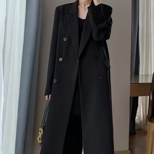 TEMU 여성용 우아한 프렌치 라펠 더블브레스트 테일러드 코트 - 구조적 H-라인 실루엣, 주름 방지 & 세탁기 사용 가능한 롱 재킷, 단색 블랙 테일러드 아우터웨어, 업무, 정장 및 캐주얼 복장용 - 봄/가을 더블브레스트 클로저 아우터 코트, 클래식 여성 턱시도 재킷