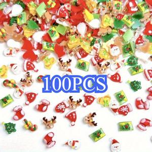 TEMU 100개 신제품 미니 크리스마스 시리즈 귀여운 순록 나무 레진 장식품 - DIY 폰 케이스, 귀걸이, 헤어 액세서리, 공예용품을 위한 창의적인 빨간색 & 흰색 장갑 디자인 - 완벽한 휴일 선물 키트, 매력, 보석, 공예용 라인스톤, 네일용 라인스톤