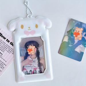 TEMU 귀여운 토끼 카와이 3 인치 두꺼운 카드 홀더 & 사진 프레임 디스플레이 펜던트 - 핑크/블루/피치 토끼 ID 배지 케이스, 체인 루프 포함, 사무실, K-Pop 팬, 사진, 한국 드라마 수집품 (한국 스타일), 포토카드 홀더