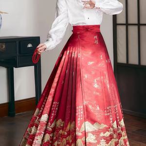 TEMU 빨간 풍경 프린트 말 얼굴 스커트와 5단 접이식 디자인, 명나라 한푸 스타일 원피스 플리츠 롱 스커트 레트로 하프 스커트 민족 무대 의상
