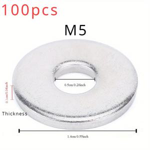 TEMU 100개 헤비듀티 스테인리스 스틸 플랫 와셔 - M4/M5/M6/M8 사이즈, 안전한 고정용 두꺼워지고 넓어진 금속 나사 패드