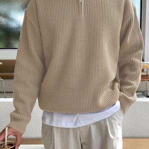 TEMU 남성용 캐주얼 V넥 지퍼 디테일 니트 스웨터 - 릴랙스 핏 드롭 숄더 풀오버, 단색 기계 세탁 가능 가을 겨울 루즈핏 니트 스웨터, 가을 옷장용, 리브 커프스 디자인