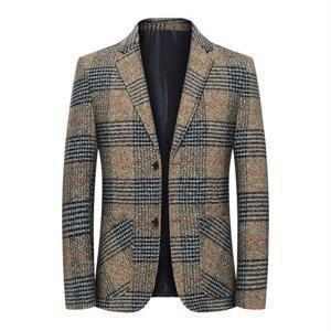 TEMU 남성용 캐주얼 체크 - 스트레치 폴리에스테르, 가을 & 봄 스타일, 라펠 칼라가 있는 스커트 핏, 버튼 업, 캐주얼 의상용 라인 핏 자켓, 캐주얼 의상용 자켓|체크 패턴 |폴리에스테르