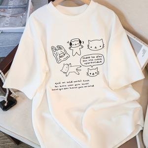 TEMU 소년용 오버사이즈 그래픽 티셔츠 - 흰색 반팔 여름 상의, 장난기 많은 고양이 & 기하학적 디자인, 통기성 미드 스트레치 원단, 청소년 및 대형 청소년을 위한 세탁 가능, 캐주얼 어린이 의류 | 라운드 넥라인 셔츠 | 비투명 소재, 트ゥ린 보이 옷