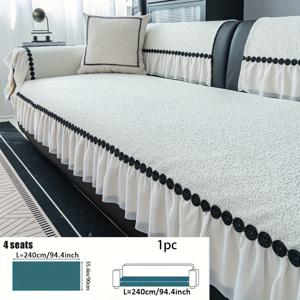 TEMU 1pc 럭셔리 셔닐 소파 커버 - 비누, 기계 세탁 가능, 애완 동물 친화적, 싱글, 더블, 트리플, 섹셔널 소파용 우아한 녹색 및 흰색 디자인 - 거실 및 침실 장식에 완벽한, 섹셔널 소파 커버 | 푹신한 스커트 디자인 | 셔닐 원단, 거실 소파 커버