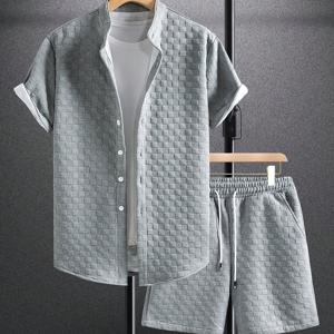 TEMU 남성용 캐주얼 운동용 반팔 셔츠 & 드로스트링 반바지 세트 - 남해색, 가벼운 폴리에스테르, 해변, 캠핑, 야외 활동에 완벽한 의상, 해변 의상 | 세련된 캐주얼 의상 | 가벼운 소재