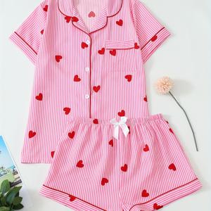 TEMU 여성 캐주얼 반바지 & 슬리브리스 탑 파자마 세트, 핑크 & 화이트 & 레드 하트 프린트 - 모든 계절에 완벽, 올시즌 파자마 | 재미있는 프린트 디자인 | 포켓이 있는 반바지, 여성 파자마