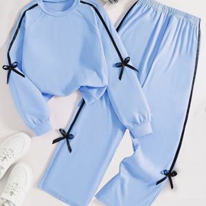 TEMU 봄 가을 여아 패션 신상 세트, 우아하고 달콤한 디자인의 리본 장식 라운드넥 긴팔 상의 + 매칭 팬츠, 데일리 캐주얼 외출 여행 파티 휴가 놀이 시간에 편안한 투피스 수트, 야외 활동에 완벽