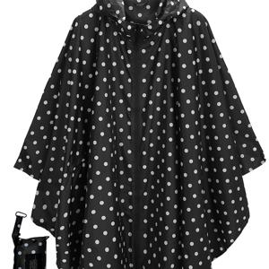 TEMU 경량 재사용 가능한 성인용 레인팬초 - 네이비 블루와 화이트 도트, 풀 커버리지 후드 디자인, 전면 지퍼 클로저, 탄력 있는 커프스 & 허리밴드 포함, 보관 파우치 제공 - 남녀공용 캐주얼 비옷, 스타일리시 아웃도어 기어, 폴카 도트 패턴, 내구성 있는 원단