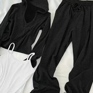 TEMU 3pcs 여성 캐주얼 의상 - 흰색 탱크 탑과 프릴 스트랩, 검은색 후디 & 조거 세트, 부드러운 폴리에스터 블렌드, 봄/여름 컬렉션, 편안한 핏 의류 | 프릴 디테일 탑 | 폴리에스터 블렌드