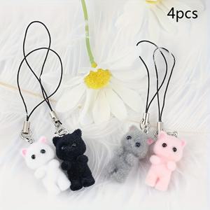 TEMU 4개 세트 카와이 레진 3D 플로킹 고양이 펜던트 폰 란야드 Y2K 귀여운 키친 핸드폰 체인 한국 스타일 휴대폰 장식 걸스 선물