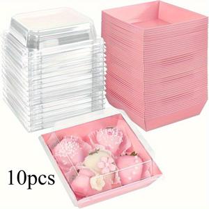 TEMU 10개입 핑크 & 화이트 투명 뚜껑 종이 트릿 박스 - 4.7x4.3x2.6인치 정사각형 일회용 PET & 종이 용기, 케이크, 샤르큘레리, 파티, 웨딩, 피크닉, 레스토랑, 발렌타인데이, 생일 선물용