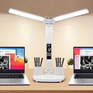TEMU 듀얼 헤드 LED 데스크 램프, 눈 보호 공부용 라이트, USB 플러그, 다기능 펜 홀더, 시계 및 온도 디스플레이, 3단계 조절, 깜박임 없음, 블루 라이트 방지, 사무실 및 학생용 이상적, 데스크 램프