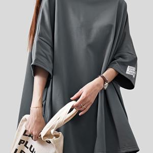 TEMU 여성용 코리안 레트로 오버사이즈 티셔츠 - 부드럽고 통기성 좋은 반팔 라운드넥 탑, 비대칭 밑단 디자인, 루즈핏 미디엄 길이 캐주얼 셔츠 - 해변, 출퇴근 및 일상복에 어울리는 올시즌 화이트 솔리드 컬러 블라우스, 여름 패션, 가벼운 소재, 고퀄티티 티, 스타일리쉬 여성 티셔츠