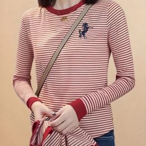 TEMU 여성용 캐주얼 긴팔 티셔츠 - 말 & 라이더 자수, 소프트 핑크 & 화이트 , 라운드 넥, 편안한 핏, 봄/가을 패션 탑, 여성 티셔츠, 비침 방지 원단
