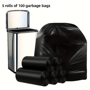 TEMU 100팩 두꺼운 검정색 누수 방지 끈 쓰레기 봉투 5롤, 욕실, 야외, 주방, 레스토랑, 호텔 등 다양한 장면에 적합 - 쉬운 밀봉 디자인 - 더 깨끗하고 효율적, 주방 쓰레기 봉투, 레스토랑 폐기물 관리, 헤비듀티 라이너, 찢어짐 방지 소재, 강화된 구조, 폐기물 처리 봉투, 라이너, 가정 청소, 접객 산업|음식물쓰레기통