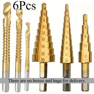 TEMU 티타늄 코팅 고경도 6pcs HHS 스텝 드릴 톱 비트 세트 - 목재 및 금속 구멍용 정밀 비트, 내구성 및 부식 저항 구조, 확대된 구경, 정확한 보링, 전문가용 헤비듀티 디자인, 견고한 구조