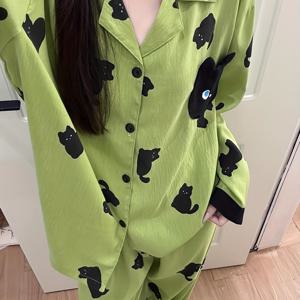 TEMU 여성용 일본 스타일 귀여운 고양이 파자마 세트 - 긴소매 & 바지, 고양이 프린트, 생생한 그린 &, 버튼업 앞면, 캐주얼 봄/가을 착용|잠옷|파자마
