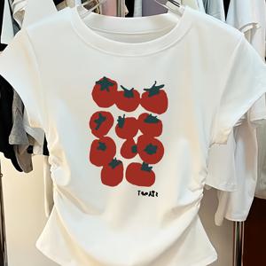 TEMU 여성용 크롭 티셔츠 - 귀여운 토마토 프린트 티 - 비침 방지 소재 - 캐주얼 스타일링에 딱 좋은 크롭핏 - 봄/여름/가을 데일리 탑 - 손세탁 쉬움 - 여성 패션 필수템, Y2K 스타일, 중간 신축성|크롭티