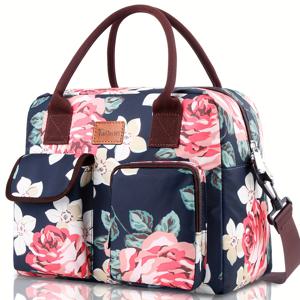 TEMU 티안칭 WY 대형 꽃무늬 보온 배낭 - 블랙 옥스포드 천, 비, 캠핑 및 야외 사용에 적합, 캠핑 장비 | 꽃무늬 패턴 배낭 | 내구성 있는 핸들 백, 캠핑 배낭