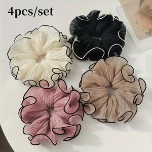 TEMU 여성용 우아한 주름 헤어 스크런치 4개 세트 - 세련된 단색 패브릭 헤어 타이, 정교한 꽃무늬 디자인, 탄력 있는 밴드, 일상 착용에 완벽한 헤어 액세서리