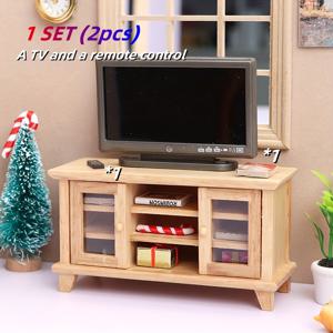 TEMU 회색 텔레비전과 리모컨이 있는 미니어처 장난감으로, 1개 세트(2개)로 구성된 DIY 미니어처 인형집 모델입니다.