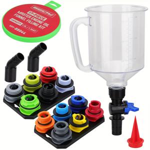 TEMU 17pcs 엔진 오일 깔때기 세트, 1.36쿼트 차량용 오일 깔때기 키트 (12개 어댑터 포함), 엘보형 자석 보관 후크 트레이, 범용 호환
