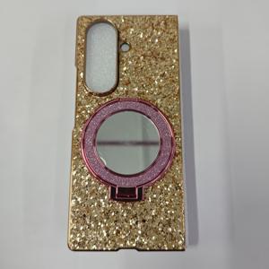 TEMU 삼성 갤럭시 Z 폴드 7/Z 폴드 6/Z 폴드 5/Z 폴드4/Z 폴드3 호환 신상 패션 터치업 미러 + 글리터 마그네틱 링 홀더 폰 케이스/보호 커버