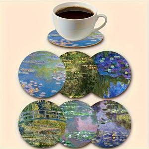 TEMU 클로드 모네 수련 테마 나무 코스터 6pcs, 바·홈·차방·머그잔용 - 실내 장식 및 파티 액세서리 완벽한 선물 아이디어
