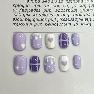 TEMU 10pcs 귀여운 스위트 하트 프레스온 네일 - 보라색 & 흰색 컬러 블록, 거울 비닐 오발 짧은 네일, 여성용 핸드메이드 스타일, 데이 선물, 귀여운 네일, 스타일 네일, 내구성 네일 스티커