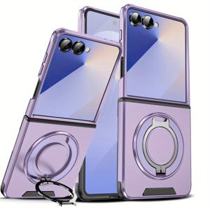 TEMU 삼성 갤럭시 Z 플립 6/Z 플립 7/Z 플립7 FE 휴대폰 케이스, 튼튼한 360° 회전 링 홀더, 카메라 렌즈 커버 및 낙하 방지용 자석 차량 마운트 포함