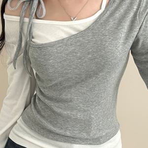 TEMU 컬러 블록 레이스업 라운드넥 코리안 스타일 가을 겨울 슬림핏 다용도 캐주얼 긴팔 투피스 T셔츠, 여성용 티셔츠, 시즌별 패션, 멀티탑, 트렌디한 디자인, 롱소매 셔츠, 부드러운 질감, 내구성 있는 소재, 세련된 블라우스, 여성용 티셔츠, 스트릿웨어 스타일, 오피스 캐주얼|블라우스|티셔츠|여성블라우스