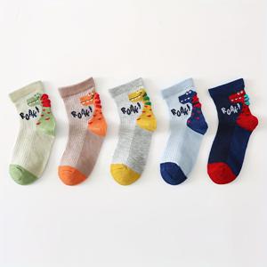 TEMU 소년용 만화 공룡 크루 양말 5켤레 - 통기성 메쉬, 부드러운 폴리에스터 혼방, 컬러풀한 미드캘프 양말, 봄/여름에 완벽함