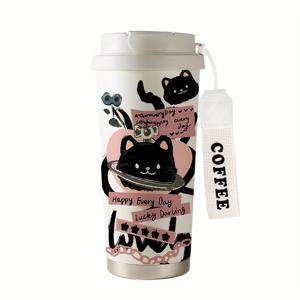 TEMU 1pc 530ML 블랙 고양이 패턴 만화 대용량 여행 머그, 야외, 학생, 사무실용 귀여운 이중 마시는 란야드 유형 보온 컵, 스테인레스 스틸 보온으로 차가운 커피 컵을 유지할 수 있습니다. 마시는 것이 쉬운 마시는 것이 쉬운 물 유리