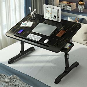 TEMU 노트북 스탠드 및 수납 선반이 있는 조절 가능한 높이 접이식 침대 책상 - 기숙사, 홈 오피스, 차량용 인체공학적 이동식 카트 - 휴대용 컴팩트 스터디 테이블, 블랙 골든 지오메트릭 디자인, 침실용 책상, 고품질 소재, 내구성 있는 구조