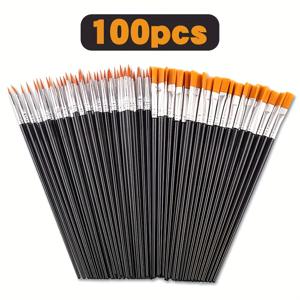 TEMU 100개 나일론 브러쉬 세트, 페인팅 & 공예용, 블랙 플랫 & 라운드 팁 브러시, 래터테일 핸들 혼합 소재, 아크릴·수채화·석고 인형 DIY에 적합, 전문가용 예술 도구