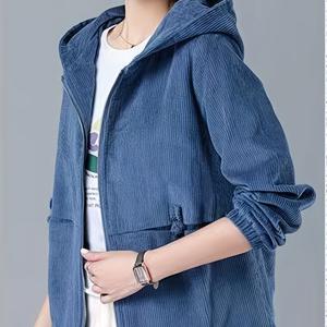 TEMU 여성용 캐주얼 코듀로이 지퍼업 후드 재킷 - 앞포켓, 솔리드 컬러 봄/가을 캐주얼 웨어, 루즈핏 긴팔 아우터웨어, 다재다능한 캐주얼 의상, 내구성 있는 소재