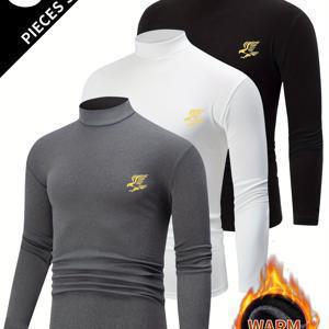 TEMU 3개 남성용 양면 플리스 하이넥 긴팔 티셔츠 - 두꺼운 따뜻한 겨울 베이스 레이어, 단색 레귤러 핏 캐주얼 탑, 가을 & 겨울용 남성 보온 티셔츠, 플리스 티셔츠|티셔츠|남자셔츠|셔츠